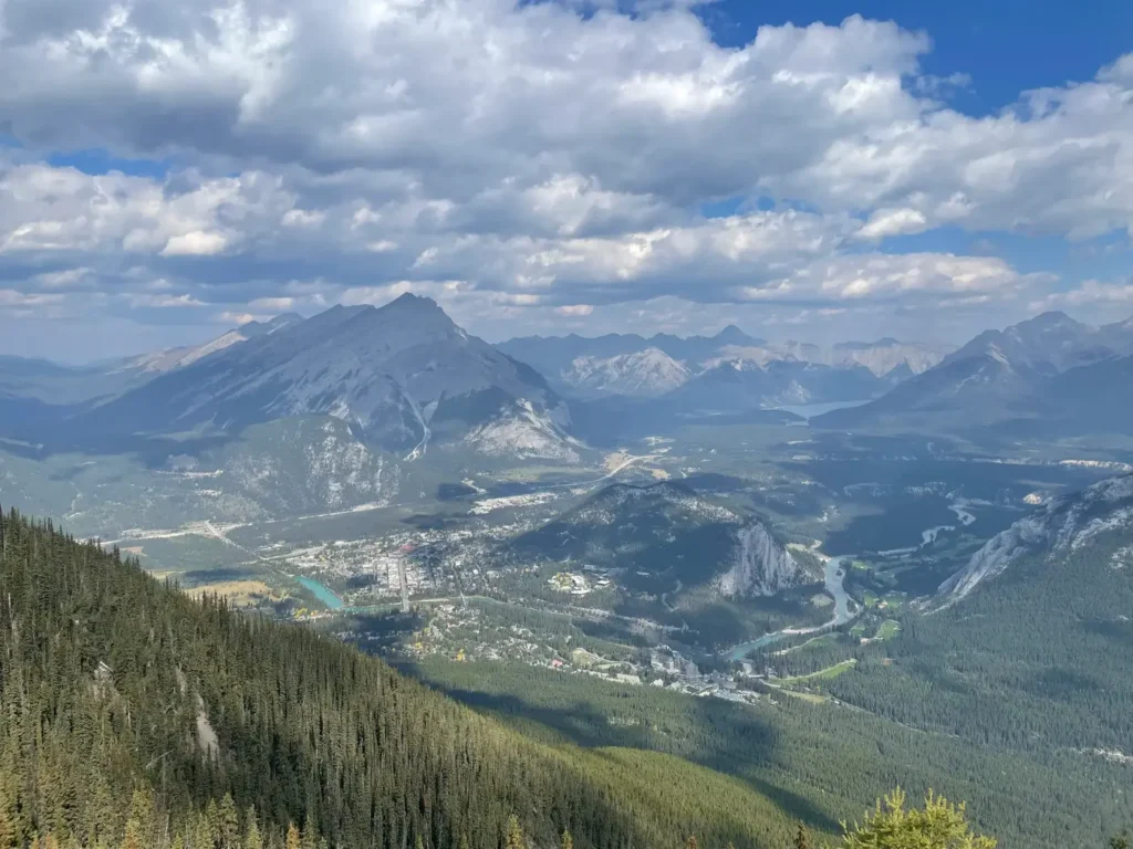 Vue panoramique sur la ville de Banff. Des montagnes entourent la ville et l'on voit une rivière traverser la ville.