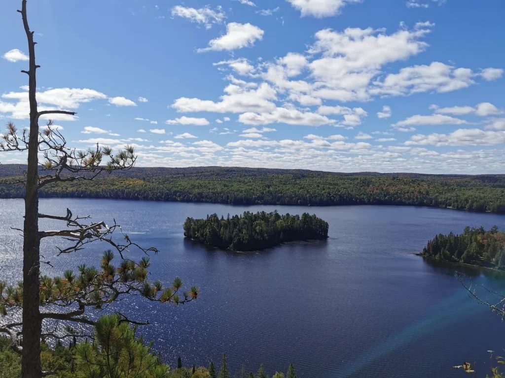 Vue en hauteur d'une île de sapin au milieu d'un lac lors du Centennial Ridges Trail