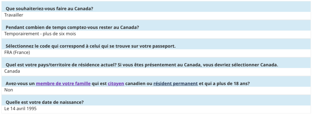 Screenshot des réponses envoyées pour la demande de permis de travail ouvert transitoire (bridge visa)