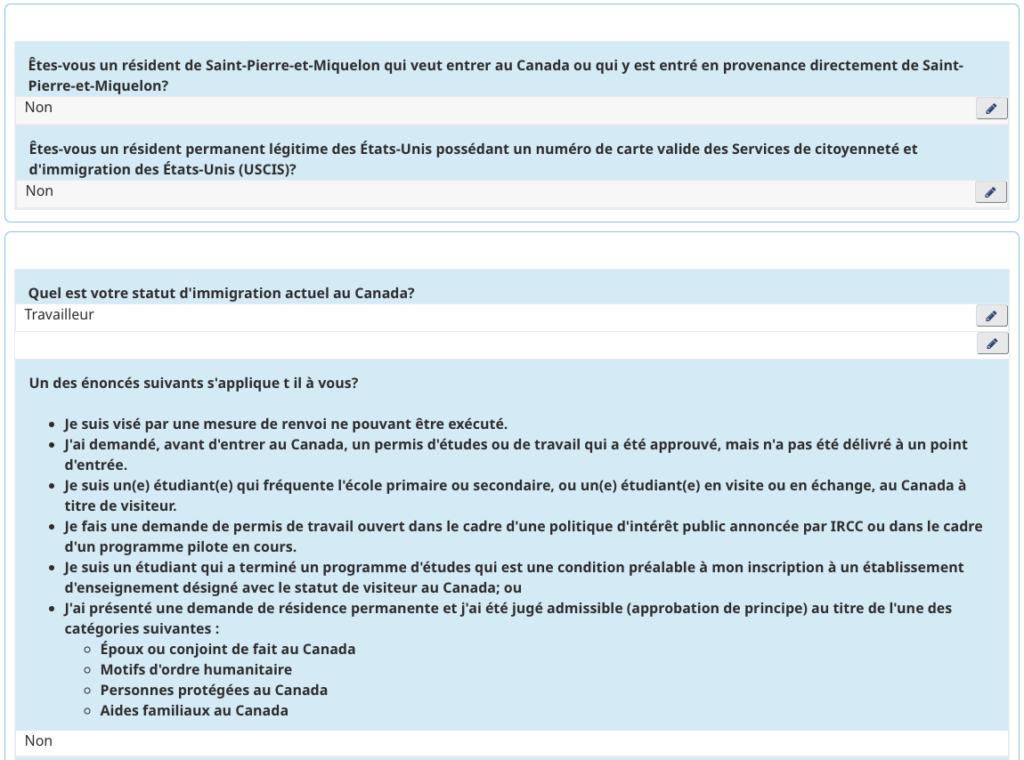 Screenshot des réponses envoyées pour la demande de permis de travail ouvert transitoire (bridge visa)