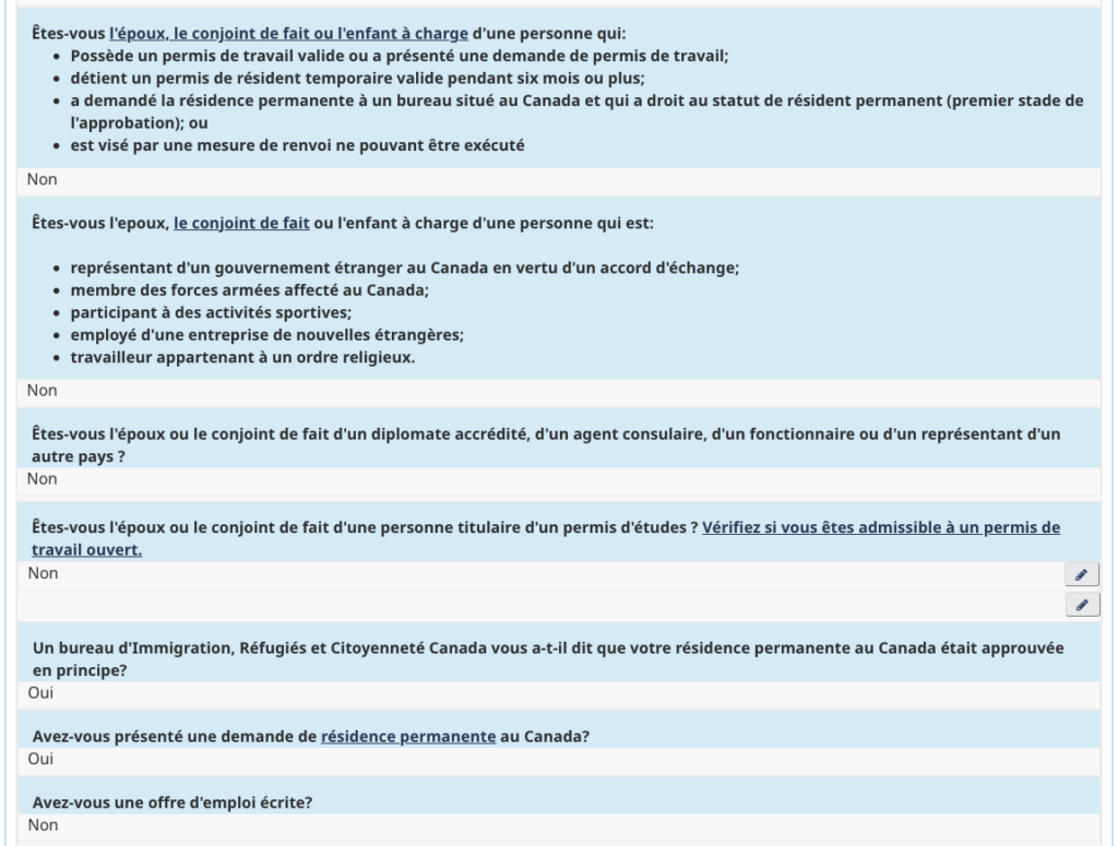 Screenshot des réponses envoyées pour la demande de permis de travail ouvert transitoire (bridge visa)