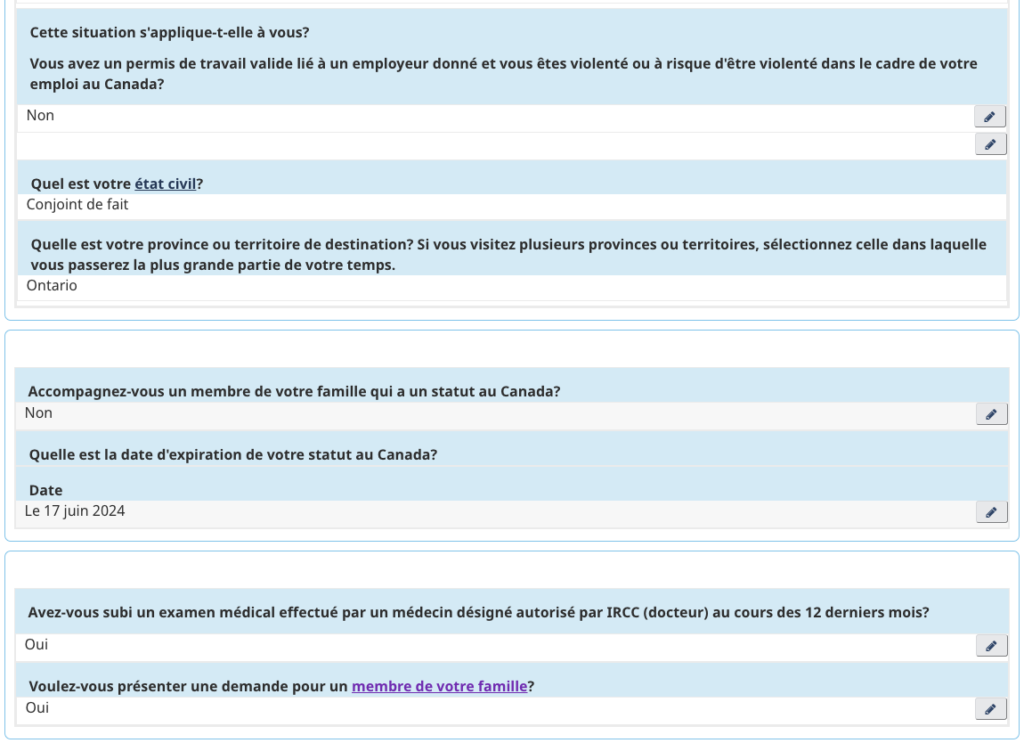 Screenshot des réponses envoyées pour la demande de permis de travail ouvert transitoire (bridge visa)