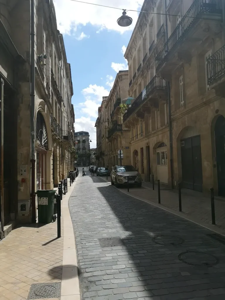 Une ruelle pavées bornée de bâtiments historiques en pierre.