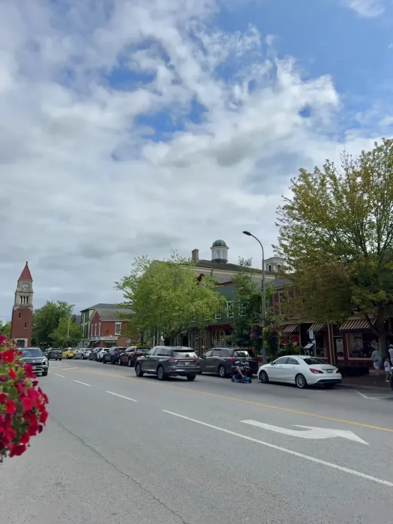 Une rue animée avec des voitures garées de chaque côté, créant une ambiance urbaine et dynamique.