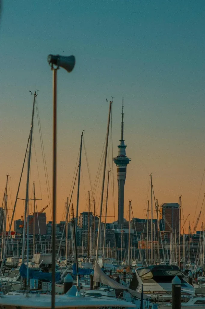 De nombreux bateaux en premier plan avec la tour emblématique d'Auckland en arrière plan