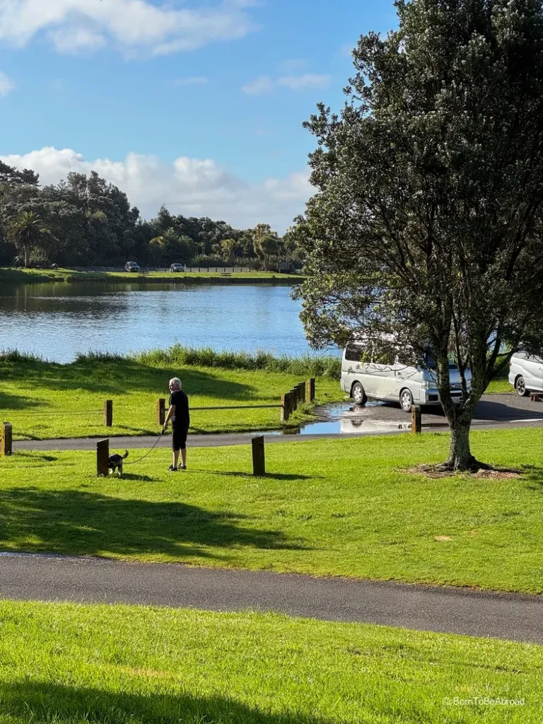 Parc avec une pelouse verdoyante au bord d'un lac sous un temps ensoleillé