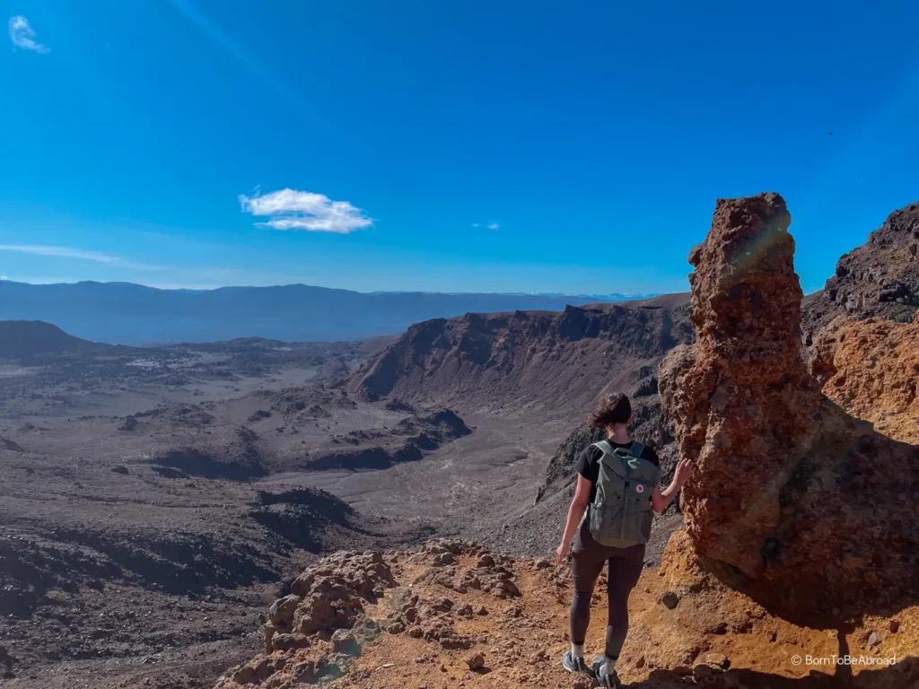 Personne portant un sac à dos admirant le South Crater en Nouvelle-Zélande