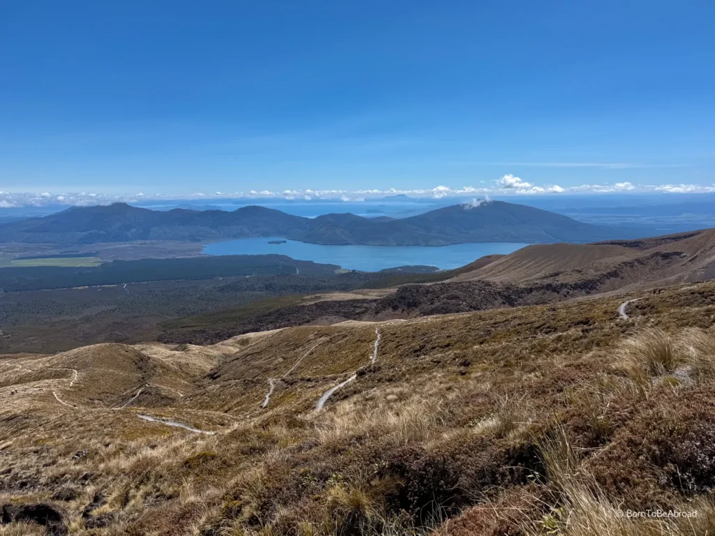 Sentier se dessinant dans le bush avec en arrière plan un lac bleu