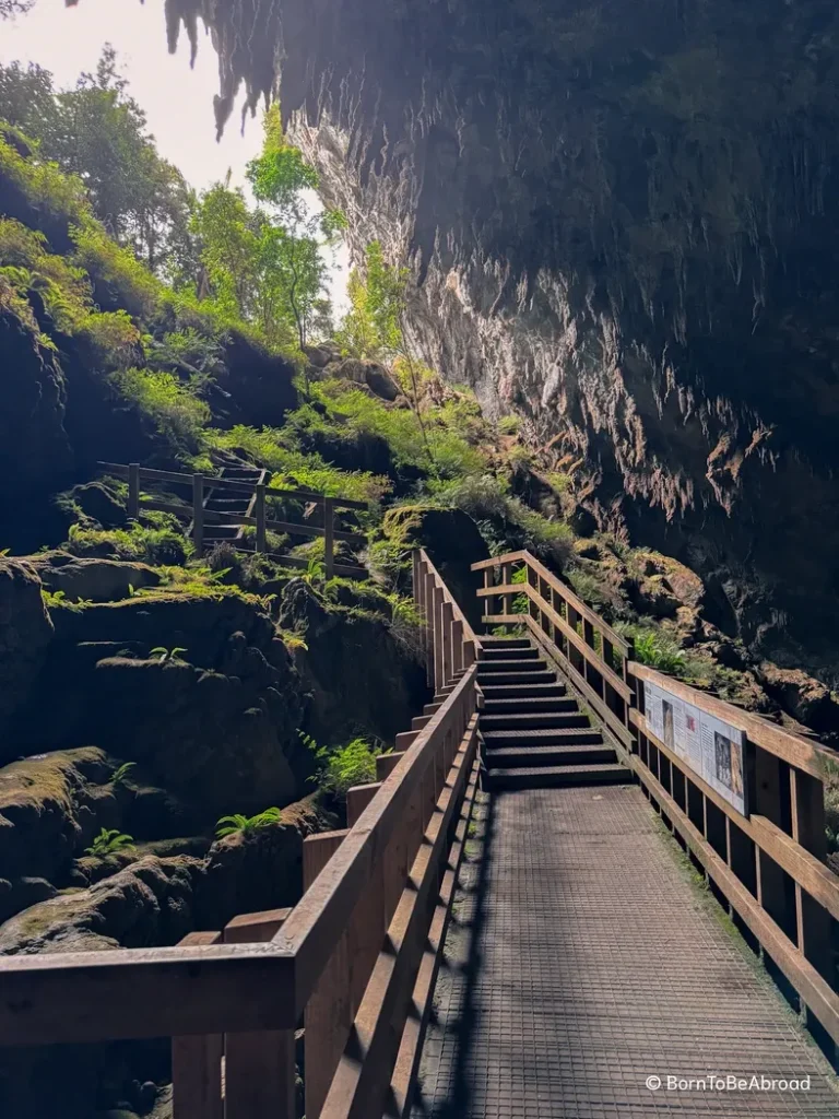 Un escalier traversant une grotte sombre remplie de stalactites