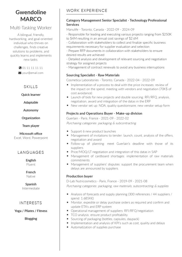 première page de mon CV au format néo-zélandais démontrant mes expériences et compétences