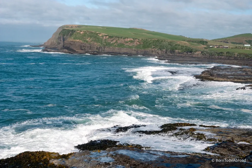 L'océan Pacifique se déchaînant sur des rochers avec en arrière plan des falaises verdoyantes